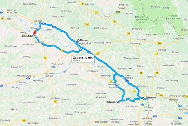 Route der Niederbayerntour bei Google Maps
